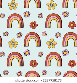 Flowers and Rainbow seamless pattern or background in 70s hippie retro style. Cute hand drawn floral summer print design. Vector illustration.