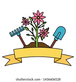 flowers rake shovel tools decoration gardening flat design vector illustration