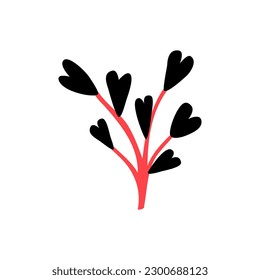 Flowers red black bunch. Leafs in form of hearts. Vector illustration.  
