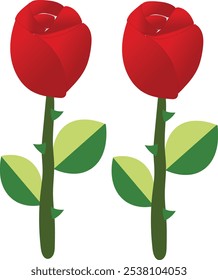 Flowers. Red Color flower. Red Rose Vector Isolated On White Background. Couple Of Roses With Green Petals And Leaves. Vector And EPS File.