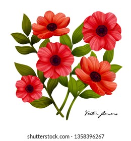 Flowers. Red poppies on white background. Beautiful red flowers. Vector illustration