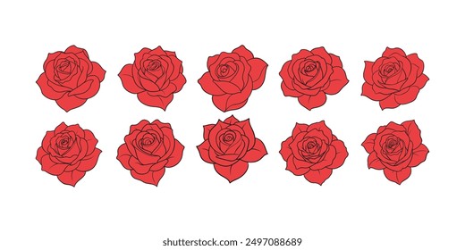 Flowers red rose icon set. Rose logo. Floral emblem. Botanical boutique symbol. Vector illustration.