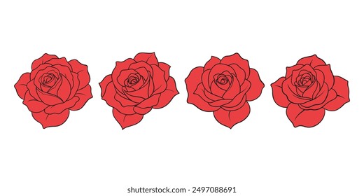 Flowers red rose icon set. Rose logo. Floral emblem. Botanical boutique symbol. Vector illustration.