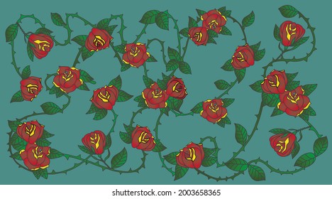 Flowers red roses and green leaves.Tatoo style.Vector illustration.