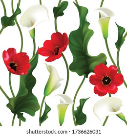 Flowers. Red tulips. Floral background. Seamless pattern. Green leaves. White background. Calla lilies.