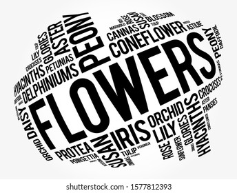 Flowers refers to the reproductive structures found in flowering plants, word cloud concept background