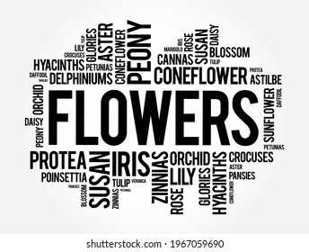 Flowers refers to the reproductive structures found in flowering plants, word cloud concept background