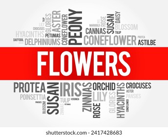 Flowers refers to the reproductive structures found in flowering plants, word cloud concept background