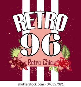 Flowers retro triangle print and slogan isolated on maroon background