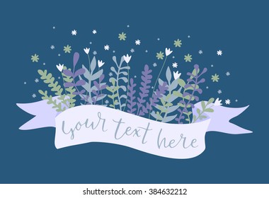 Flowers with ribbon. Hand drawn flowers. Hand drawn flowers with ribbon. Flower template. Text on ribbon. Floral template with ribbon.