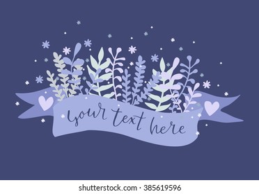 Flowers with ribbon. I love you lettering on ribbon. Hand drawn flowers. Hand drawn flowers with ribbon. Flower template. Text on ribbon. Floral template with ribbon.
