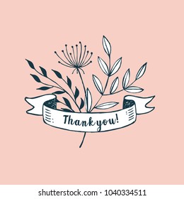 The flowers and ribbon that says Thank you.  Hand-drawn. Vector illustration.