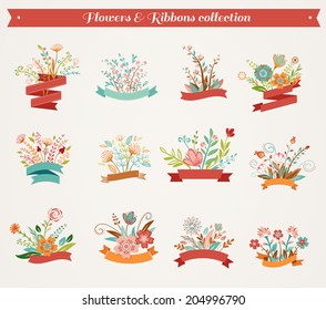 Flowers with ribbons - vector illustrations collection, vintage stylized. Perfect for wedding invitations, birthday cards, thank you tags
