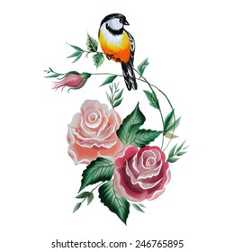 Flowers rose with bird one stroke painting