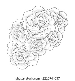 flowers rose hand drawn coloring page with decorative stylish line art vector design. floral bunch with roses and leaves easy sketches. red rose outline pencil art of adult coloring page flower. 
