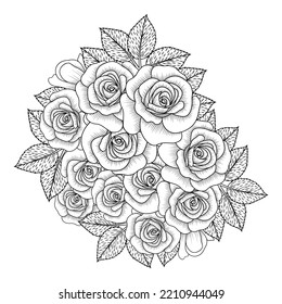 flowers rose hand drawn coloring page with decorative stylish line art vector design. floral bunch with roses and leaves easy sketches. red rose outline pencil art of adult coloring page flower. 
