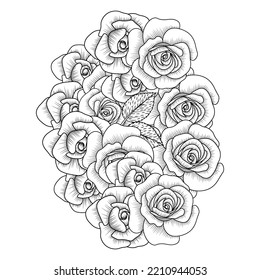 flowers rose hand drawn coloring page with decorative stylish line art vector design. floral bunch with roses and leaves easy sketches. red rose outline pencil art of adult coloring page flower. 
