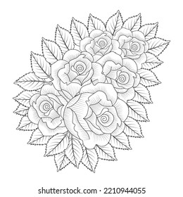 flowers rose hand drawn coloring page with decorative stylish line art vector design. floral bunch with roses and leaves easy sketches. red rose outline pencil art of adult coloring page flower. 
