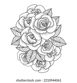 flowers rose hand drawn coloring page with decorative stylish line art vector design. floral bunch with roses and leaves easy sketches. red rose outline pencil art of adult coloring page flower. 
