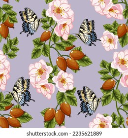 Flowers and rose hips in a pattern.Beautiful butterflies and rosehip branches on a colored background in a vector pattern.