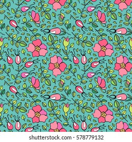Flowers and rose hips. Seamless vector pattern (background).