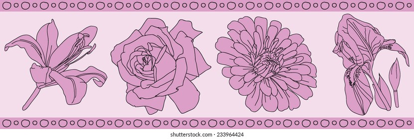 flowers rose pattern, iris and lily, vector illustration