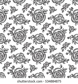 Flowers. Roses. Floral seamless pattern. Vintage background with Rose flower, bud and leaves