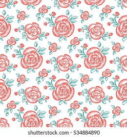 Flowers. Roses. Floral seamless pattern. Vintage background with Rose flower, bud and leaves