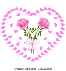 flowers roses in a frame in the form of heart on a white background