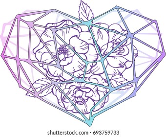 Flowers of roses are inside a polygonal heart. Vector illustration. Isolated on white background. Template for greeting card, postcard, print.