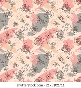 Flowers roses line pattern. Line illustrations with blots. pencil drawing on pink and grey color.