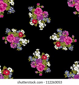 Flowers and roses on a black seamless background