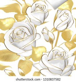 Blumen Rosen auf weißem Hintergrund.Vektornahtloses Muster. Gold-Weiß-Blumendesign. Jahrgang. Schöne Bouquets, Goldfolie bedruckt.