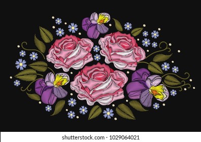 Flowers roses and pansies isolated on black background. Vector illustration. Embroidery element for patches, badges, stickers, greeting cards, patterns, t-shirts