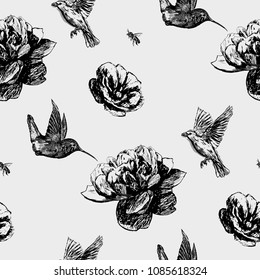 Flowers roses, peonies and dog rose, bird and butterflies. Floral vintage seamless pattern. Vector illustration. Template for luxury textiles, paper, wallpaper.