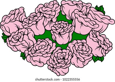 Flowers roses, pink buds and green leaves. Isolated on white background. Vector illustration.