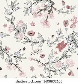 Flowers of roses and poppies, twigs of grass and leaves seamless vector pattern in cream and beige. Illustration with plants.EPS 10