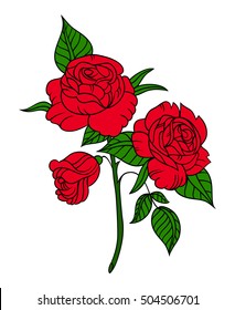 Flowers roses, red buds and green leaves. Isolated on white background. Vector illustration.