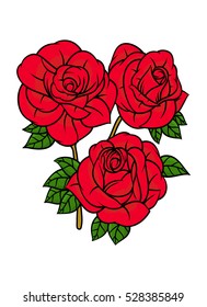 Flowers roses, red buds and green leaves. Isolated on white background. Vector illustration.