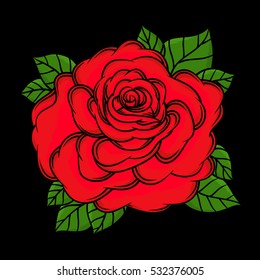 Flowers roses, red buds and green leaves. Isolated on black background. Vector illustration.