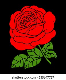 Flowers roses, red buds and green leaves. Isolated on black background. Vector illustration.