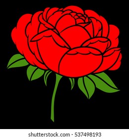 Flowers roses, red buds and green leaves. Isolated on black background. Vector illustration.