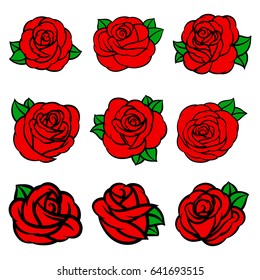 Flowers roses, red buds and green leaves. Set collection. Isolated on white background. Vector illustration.