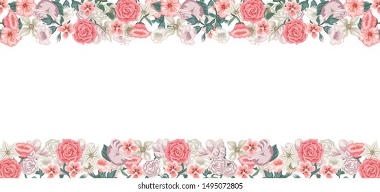 Flowers, roses and watercolor background for card