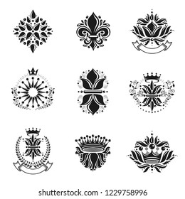 Flowers, Royal symbols, floral and crowns,  emblems set. Heraldic Coat of Arms decorative logos isolated vector illustrations collection.
