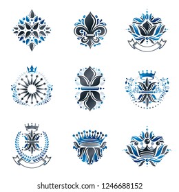 Flowers, Royal symbols, floral and crowns,  emblems set. Heraldic Coat of Arms decorative logos isolated vector illustrations collection.