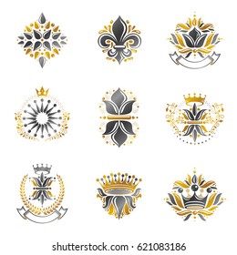 Flowers, Royal symbols, floral and crowns,  emblems set. Heraldic Coat of Arms decorative logos isolated vector illustrations collection.