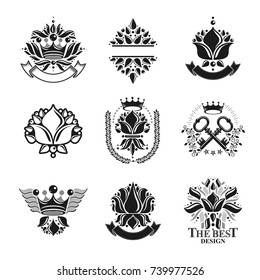 Flowers, Royal symbols, floral and crowns,  emblems set. Heraldic Coat of Arms decorative logos isolated vector illustrations collection.