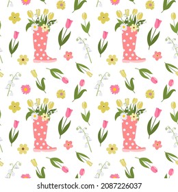 Flowers in rubber rain boots pattern. Colorful wellies seamless vector pattern design. Spring mood and easter floral arrangement, holiday celebration, web and print.