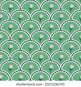 Flowers scallop seamless pattern. Simple floral repeat background. Vector hand drawn flat illustration.